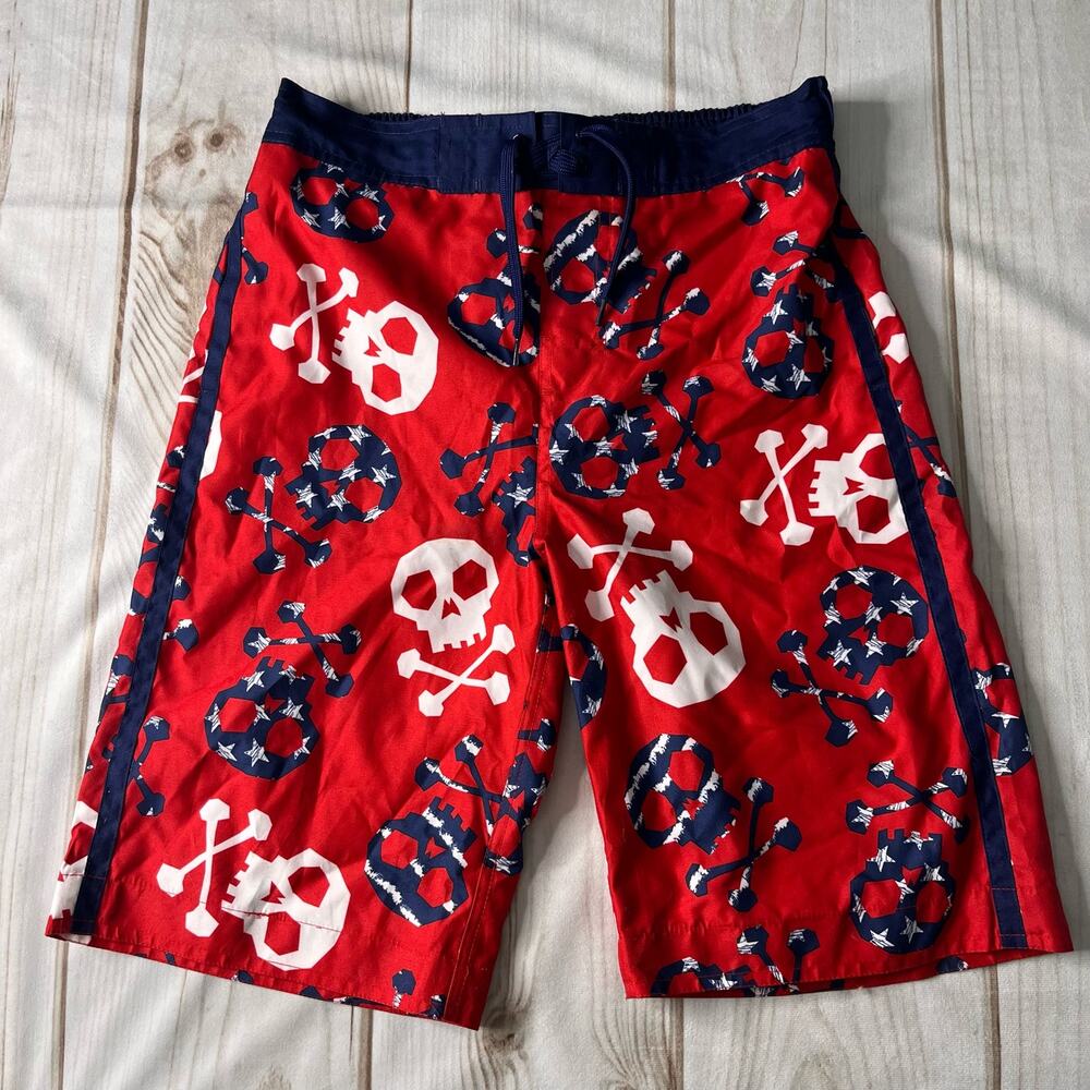 F40 Wave Zone Red, White, navy Skulls Bathing Suit Boys 12/14